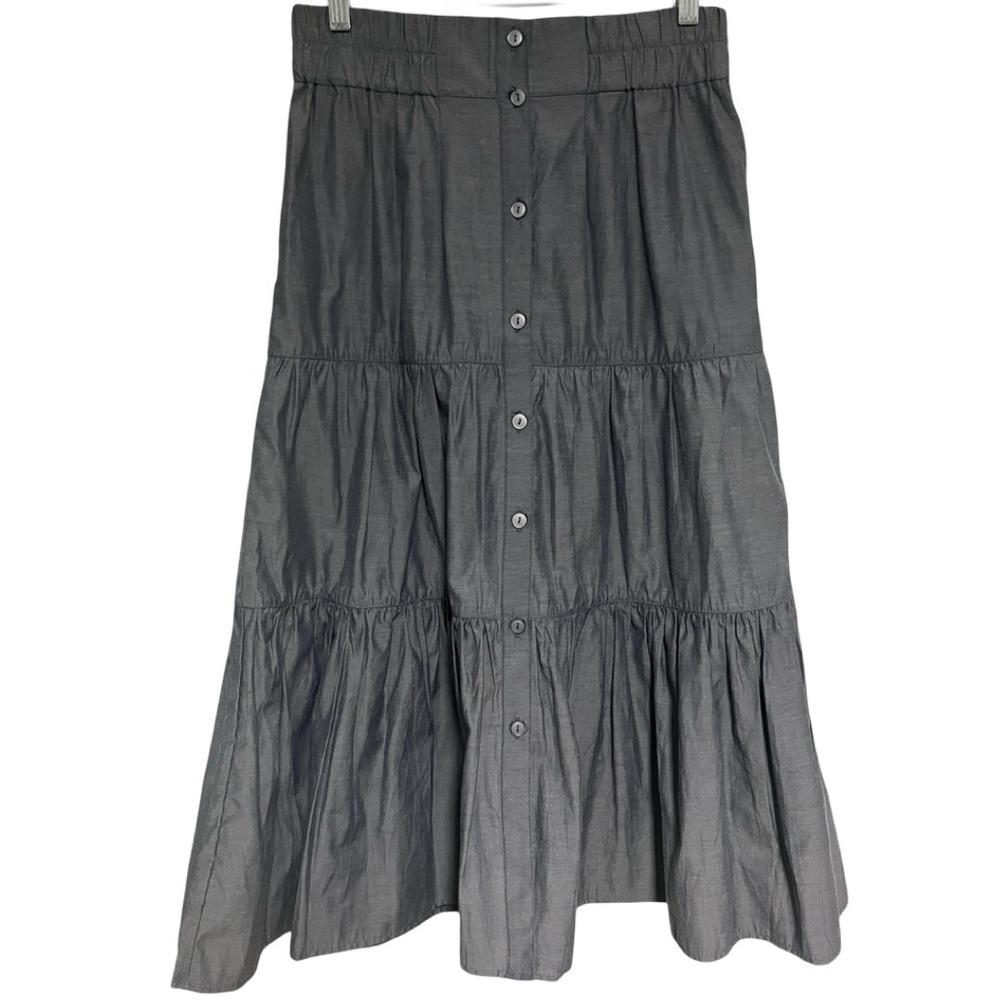 Brochu Walker Charcoal Grey Tiered Button Front Midi Skirt Pockets Womens Size S
